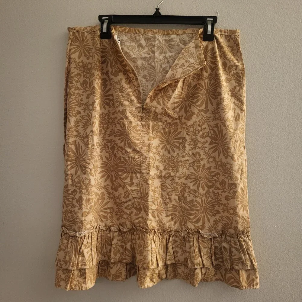 Y2K Old Navy Cotton Tan Floral Ruffle Skirt size 14 Cottage Girly Beach Fairy